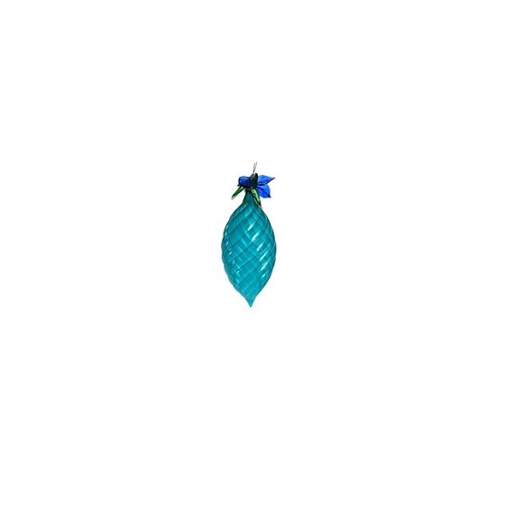 Teal Ribbed Glass Teardrop Ornament With Glass Leaves Germany - Picture 5 of 5